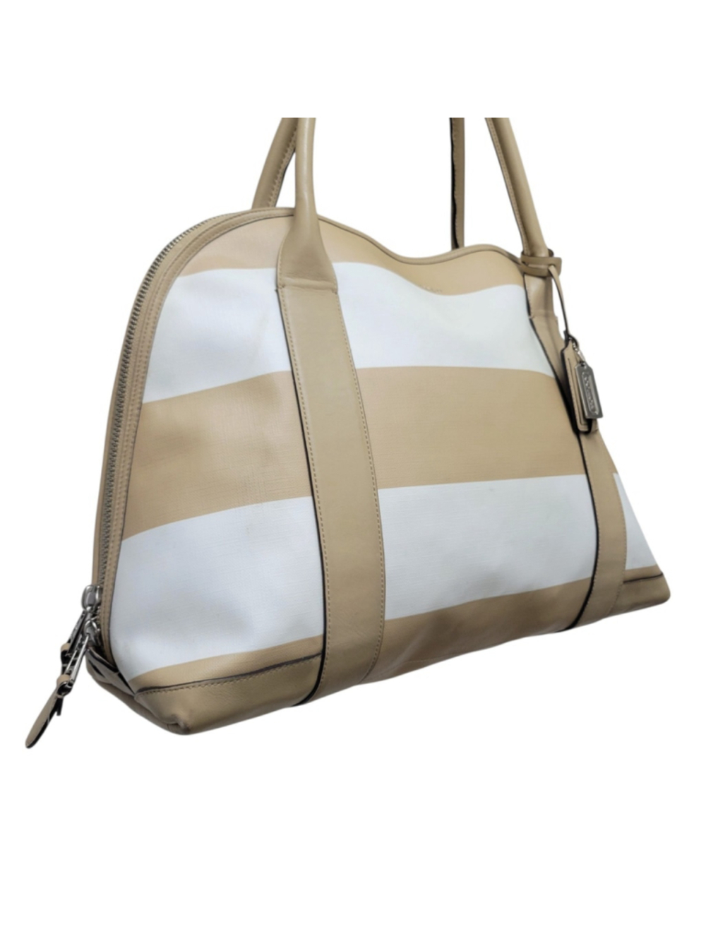 Coach Bleecker Preston Large Women Satchel Beige/White Stripe Coated Canvas Bag - Picture 7 of 9